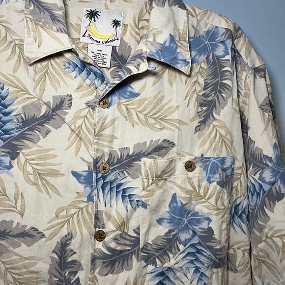 BANANA CABANA 100% Silk Hawaiian Men's Sz XL Tan Blue Floral Button Up Shirt - Picture 3 of 10